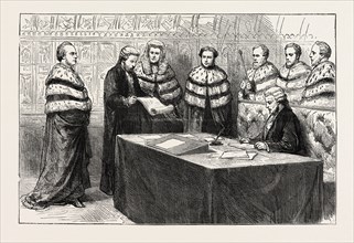THE LORD CHANCELLOR TAKING HIS SEAT IN THE HOUSE OF LORDS AS A PEER, UK, 1873 engraving