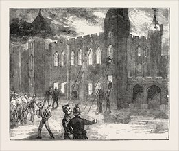 THE FIRE AT THE ROYAL MILITARY ACADEMY AT WOOLWICH, UK: VIEW FROM THE COURTYARD, 7 A.M., 1873