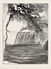 THE NIAGARA FALLS IN WINTER TIME: AMERICAN FALL FROM LUNA ISLAND, 1873 engraving