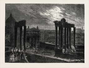 THE ROMAN FORUM BY MOONLIGHT, ITALY, 1873 engraving