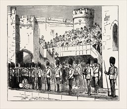 WAITING FOR THE SHAH AT THE TOWER, LONDON, UK, 1873 engraving