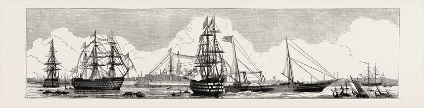THE NAVAL REVIEW AT SPITHEAD: VICTORIA AND ALBERT PASSING THE VICTORY, UK, 1873 engraving
