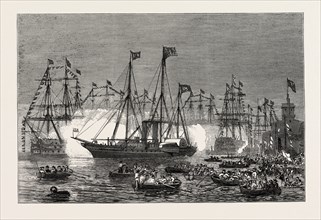 THE NAVAL REVIEW AT SPITHEAD: THE SHAH IN THE ROYAL YACHT VICTORIA AND ALBERT INSPECTING THE FLEET,