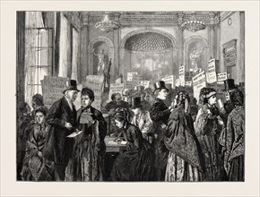 LONDON SKETCHES: A SCENE AT A CHARITY ELECTION AT THE LONDON TAVERN, UK, 1873 engraving