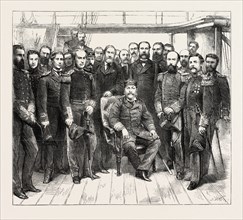 THE KING OF PORTUGAL VISITING H.M.S. CHALLENGER AT LISBON, 1873 engraving