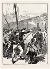 TRAVELLING IN SPAIN: A TRAIN ATTACKED BY CARLISTS, 1873 engraving