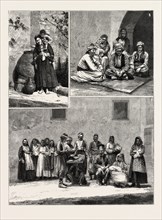 CYPRUS: 1. An Arab Beggar Woman. 2 and 3. Country People in Holiday Attire at the Festival of