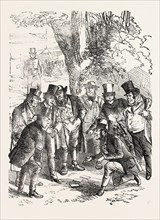 THE DERBY DAY, SCENES BY THE ROADSIDE AND ON THE DOWNS: THE THREE-CARD TRICK. UK, 1860 engraving