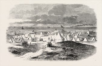 THE VOLUNTEER CAMP, ON CROSBY SANDS, NEAR LIVERPOOL, UK, 1860 engraving