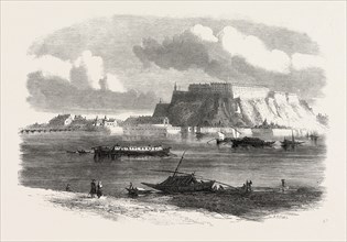 THE TOWN AND FORTRESS OF PETERWARDEIN, ON THE DANUBE, PETROVARADIN, SERBIA, 1860 engraving
