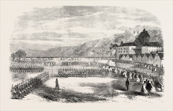 REVIEW OF THE VALE OF NEATH VOLUNTEER RIFLE CORPS: THE TROOPS MARCHING PAST, 1860 engraving