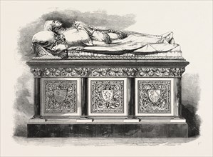 MONUMENT TO THE LATE EARL OF ELLESMERE IN WORSLEY CHURCH, NEAR MANCHESTER, UK, 1860 engraving