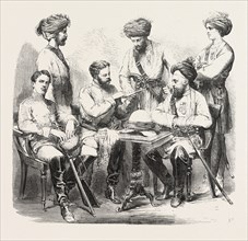 BRITISH AND NATIVE OFFICERS OF FANE'S HORSE SERVING IN CHINA, 1860 engraving