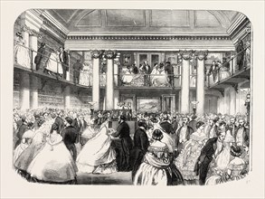 LITERARY REUNION IN MR. MUDIE'S NEW HALL, 1860 engraving