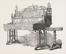 CARVED ESCRITOIRE AND TABLE, FROM SWITZERLAND