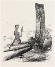 MAORI CHIEF, AND CARVED STERN OF A NEW ZEALAND CANOE
