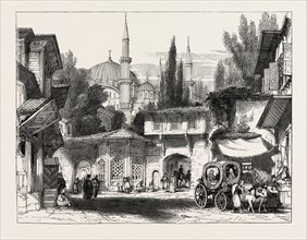 A STREET IN CONSTANTINOPLE, WITH THE FOUNTAIN AND MOSQUE OF SULTAN ACHMET, DRAWN BY THOMAS ALLOM,