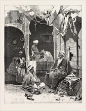 A BARBER'S SHOP AT CAIRO: DISCUSSING THE SITUATION, EGYPT, 1893 engraving