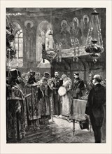 THE ROYAL HOME-COMING AT BUCHAREST: CEREMONY IN THE METROPOLITAN CHURCH, ROMANIA, 1893 engraving