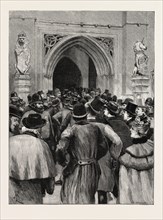 THE GREAT HOME RULE DEBATE: SCENE AT THE DOOR OF THE HOUSE OF COMMONS, UK, 1893, 1893 engraving
