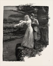 He held an arm ran round her waist and held her fast., 1893 engraving
