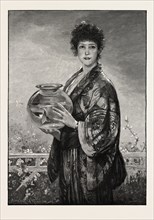 A WOMAN HOLDING A FISHBOWL CONTAINING GOLD FISH, 1893 engraving