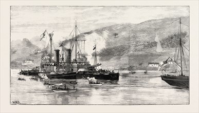 H.M.S. HOWE BEING TOWED INTO FERROL HARBOUR, A CORUNA, GALICIA, SPAIN, 1893 engraving