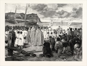 ASCENSION DAY AT ETRETAT: THE CEREMONY OF BLESSING THE SEA, FRANCE, 1892 engraving