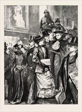 VISITORS AT THE LOAN COLLECTION OF PICTURES AT THE GUILDHALL, LONDON, UK, 1892 engraving