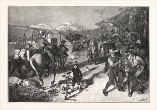 THE COW BOYS BREAKING CAMP DRAWN W. A. ROGERS, engraving 1880, US, USA