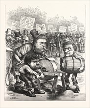 DEMOCRATIC AXE-GRINDER, engraving 1880, US, USA, POLITICS, POLITICAL, POLITIC, CAMPAIGN, PATRIOTIC