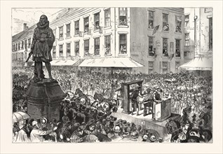 BOSTON CELEBRATION: THE PROCESSION PASSING WINTHROP STATUE. DRAWN BY C. GRAHAM, engraving 1880, US,