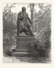 ROBERT BURNS, THE STATUE SIR JOHN STEELL, CENTRAL PARK. PHOTOGRAPHED BY PACH, engraving 1880, US,