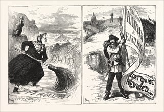 Mrs. Partington struggling with the republican tide. Only waiting for the signal, engraving 1880,