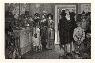 WOMEN AT THE POLLS IN NEW JERSEY IN THE GOOD OLD TIMES, DRAWN BY HOWARD PYLE, US, USA, AMERICA,