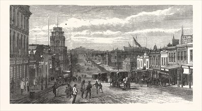 MELBOURNE THE PRESENT TIME VIEW GREAT BOURKE STREET, AUSTRALIA, ENGRAVING 1880