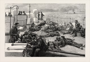 THE NAVAL MANOEUVRES: LIFE OF A BLUE JACKET ON BOARD H.M.S. CONQUEROR: JACK'S SIESTA, 1890