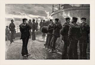 THE NAVAL MANOEUVRES: LIFE OF A BLUE JACKET ON BOARD H.M.S. CONQUEROR: JACK'S MORNING PIPE, 1890