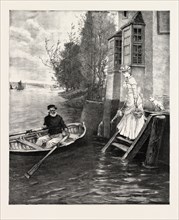 THE FERRY, A DAINTY FARE, BY G.H. BOUGHTON, 1890 engraving