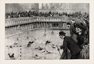 WATER POLO MATCH AT THE CROWN BATHS, KENNINGTON OVAL, UK, 1890 engraving