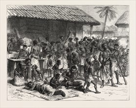 THE ASHANTI WAR: ASHANTEES BUYING MUSKETS WITH GOLD DUST AT ASSINEE, GHANA, 1890 engraving