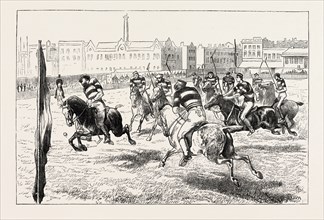 POLO MATCH AT LILLIE BRIDGE IN AID OF THE FUNDS OF THE WEST LONDON HOSPITAL, UK, 1890 engraving