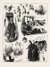 SPANISH AFFAIRS: CHARACTER SKETCHES ON THE RAILWAY FROM MADRID TO SEVILLE, SPAIN, 1890 engraving