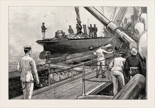 THE NAVAL MANOEUVRES: OUT TORPEDO BOAT WHILST UNDER WAY, ON BOARD AN IRONCLAD, MARITIME, 1890