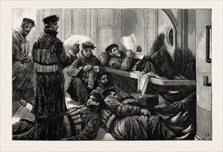 THE NAVAL MANOEUVRES: THE LIFEBOAT CREW ON NIGHT WATCH ON BOARD AN IRONCLAD, MARITIME, 1890