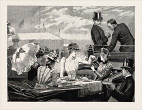 AT DONCASTER RACES, A SWEEPSTAKE AFTER LUNCH, UK, 1890 engraving