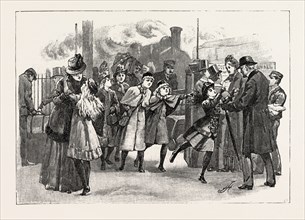 AT THE RAILWAY STATION: HOME FOR THE HOLIDAYS, 1890 engraving