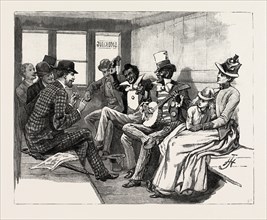 ON THE TRAIN: WORKING THEIR WAY TO THE SEASIDE, 1890 engraving