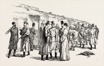 AT THE RAILWAY STATION: A MEET OF THE QUEEN'S BUCKHOUNDS, 1890 engraving