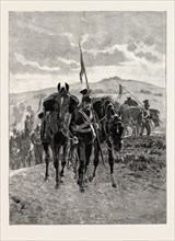 THE CAVALRY MANOEUVRES: THE END OF THE DAY, LANCERS LEADING THEIR HORSES INTO CAMP AFTER A LONG